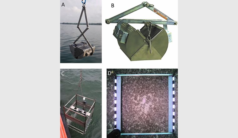 Fig. 4 Geräte, die für das Quaggamuschel-Monitoring eingesetzt wurden: A) geschlossener Ponar-Sediment-Greifer; B) offener Ponar-Sediment-Greifer. So wird er am Seeboden abgesetzt. Beim Hochziehen schliesst der Greifer und füllt sich mit Sediment. C) Benthic Imaging System (BIS) (s. Text) mit senkrecht und zur Seite ausgerichteter Kamera und Leuchten. D) Beispiel von einem BIS-Bild: Seegrund Bodensee.