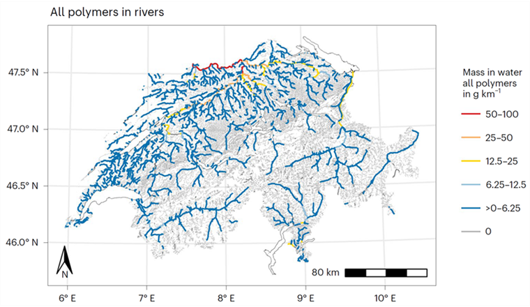Répartition de la masse de microplastiques en suspension dans les rivières suisses pour les sept polymères les plus courants (en grammes par kilomètre). (Image: ©Empa)