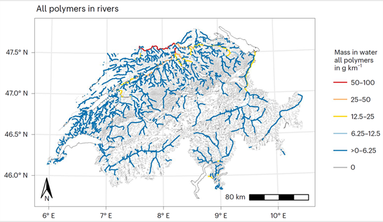 Répartition de la masse de microplastiques en suspension dans les rivières suisses pour les sept polymères les plus courants (en grammes par kilomètre). (Image: ©Empa)