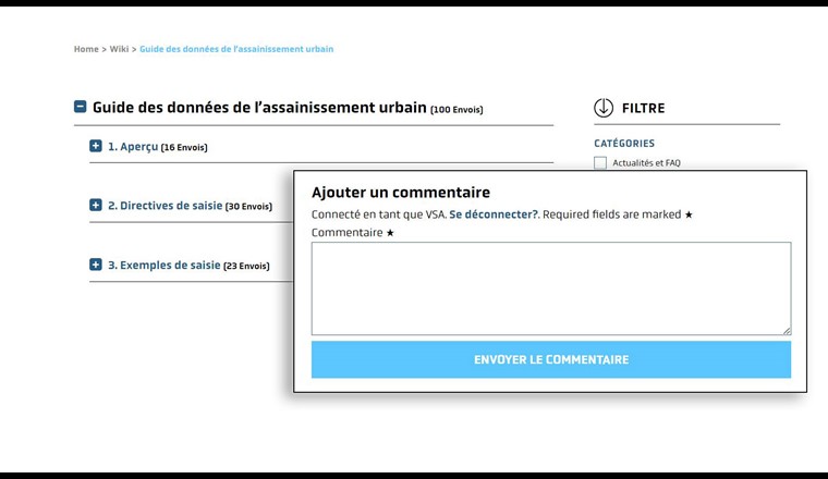 La plateforme wiki (VSA-DSS, nouveau guide des Données de l'assainissement urbain, Datachecker PGEE) est en service depuis fin 2020 et reçoit maintenant un premier patch. Les utilisatrices et utilisateurs peuvent poser des questions sur la plateforme. Ces questions sont discutées au sein de la commission et des réponses sont apportées sur le wiki.