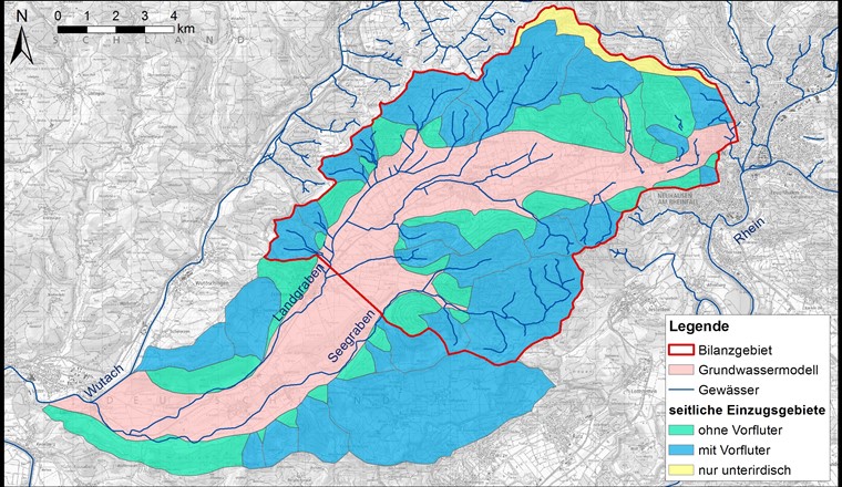 Fig. 3 Flächen von Grundwassermodell und seitlichen Einzugsgebieten mit Bilanzgebiet.