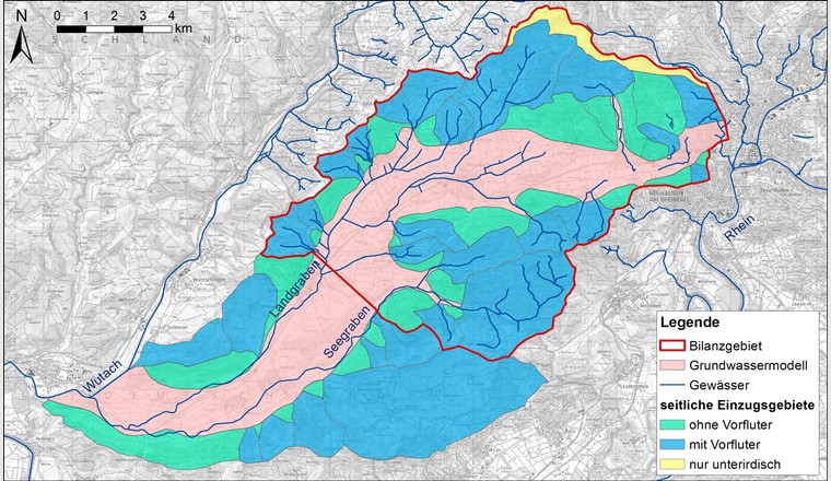Fig. 3 Flächen von Grundwassermodell und seitlichen Einzugsgebieten mit Bilanzgebiet.