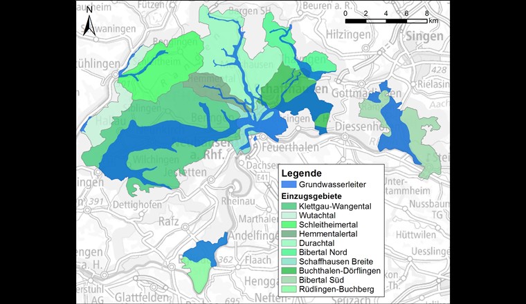 Fig. 5 Haupteinzugsgebiete im Kanton Schaffhausen mit Lage der dortigen Lockergesteins-Grundwasser-
vorkommen.