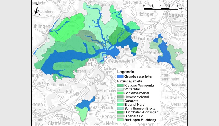 Fig. 5 Haupteinzugsgebiete im Kanton Schaffhausen mit Lage der dortigen Lockergesteins-Grundwasser-
vorkommen.