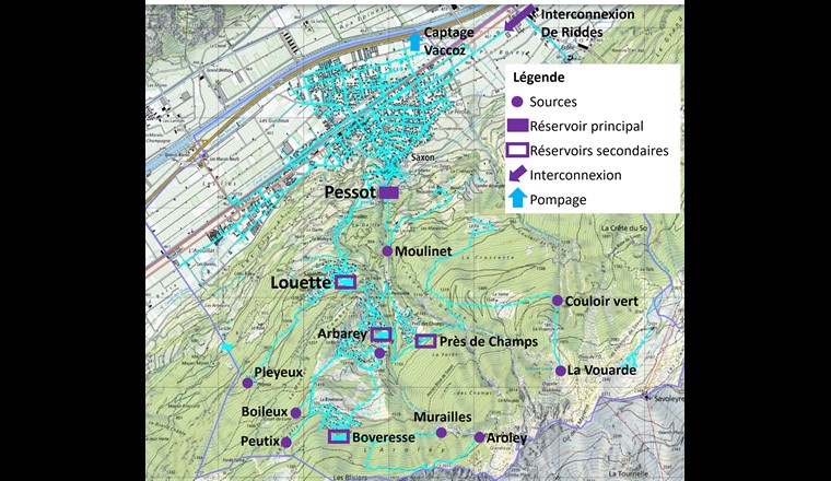Fig. 1 Plan de situation des sources et du réseau de Saxon.