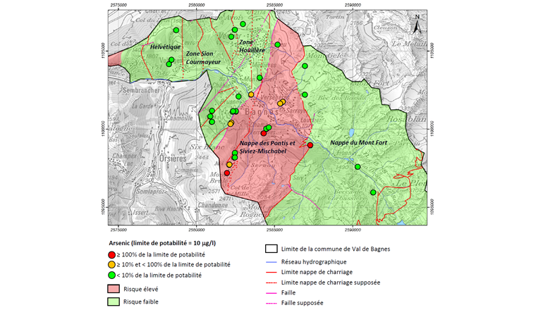 Fig. 5 Zones à risques de dépassement de la limite de potabilité pour l’arsenic dans les eaux souterraines.