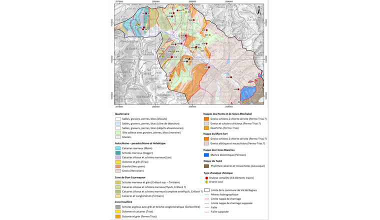 Fig. 2 Situation des sources prélevées et des principales unités géologiques sur le territoire de la commune de Val de Bagnes (fond de carte: carte géologique de la Suisse au 1:500 000, Office fédéral de topographie swisstopo).