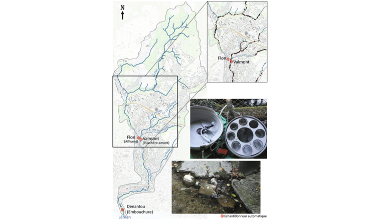 Fig. 1 Bassin versant de la Vuachère à gauche et position des échantillonneurs automatiques; conduites d’eaux usées (ligne rouge) et exutoires d’eaux claires (rond) le long du cours d’eau (pouvant rejeter des eaux usées). En bas à droite: photos d’un échantillonneur automatique et de la crépine dans la rivière.