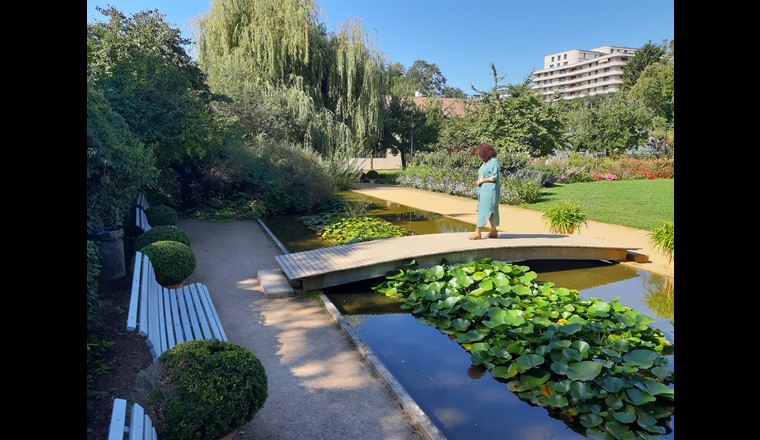 Fig. 5. Ein Steg ermöglicht die Annäherung an das Wasser, während der Schatten (mit Sitzgelegenheiten) Abkühlung bietet. Diese beiden Gestaltungselemente des Teichs des Jardin de la Paix (GE) tragen zum Wohlbefinden der Quartiersbevölkerung bei.