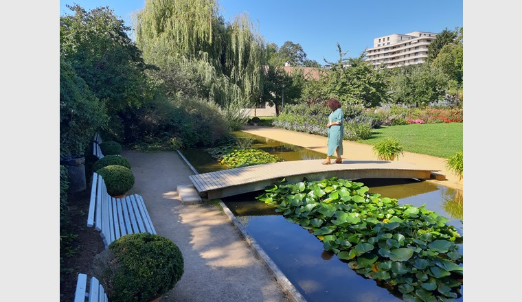 Fig. 5. Ein Steg ermöglicht die Annäherung an das Wasser, während der Schatten (mit Sitzgelegenheiten) Abkühlung bietet. Diese beiden Gestaltungselemente des Teichs des Jardin de la Paix (GE) tragen zum Wohlbefinden der Quartiersbevölkerung bei.