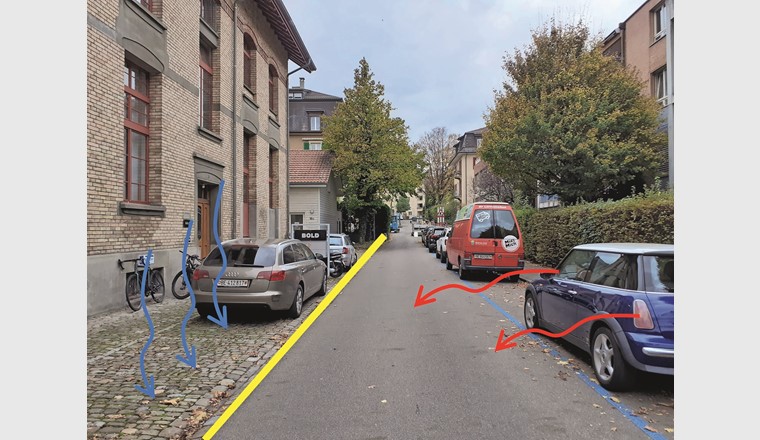 Fig. 2 Quartierstrasse in der Schweiz: Für die Parkplätze auf den Privatparzellen werden sickerfähige Beläge eingefordert, die Blaue-Zonen-Parkplätze hingegen sind versiegelt. Die Nutzung der Parkplätze in der Tempo-30-Quartierstrasse ist jedoch unabhängig vom Flächeneigentum dieselbe.