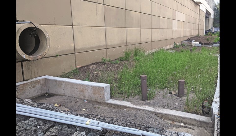 Fig. 3 Beispiel einer Blau-Grünen Infrastruktur in Philadelphia (USA). Nach einem heftigen Sturm wurden Sedimente und Abfall in die Infrastruktur eingeschwemmt und abgelagert. Diese muss nun gewartet werden, um die ordnungsgemässe Funktion zu gewährleisten. (© Virginia Smith, Villanova University)