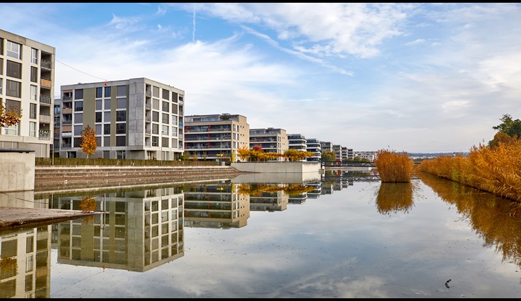 Bien planifiées, les structures proches de la nature dans l’espace urbain, comme ici au Glattpark d'Opfikon (ZH), peuvent non seulement rafraîchir, mais aussi réduire la surcharge des stations d’épuration en cas de fortes pluies. Elles ont en outre un impact positif sur la biodiversité et la qualité de vie. (photo: Eawag, Max Maurer)