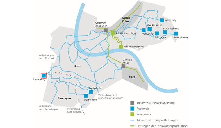 Fig. 1 Lage des Reservoirs Herrenweg (rot markiert) im Versorgungsnetz Basel.