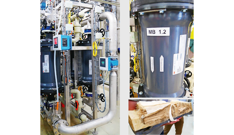 Fig. 2 Die Membrananlage ist das zentrale Element der chemischen Faulwasserbehandlung. Die Membranen selbst befinden sich in geschlossenen, zylinderförmigen Behältern (Foto rechts oben). Das Stripping erfolgt entlang von kapillarförmigen Membranen (Foto rechts unten).