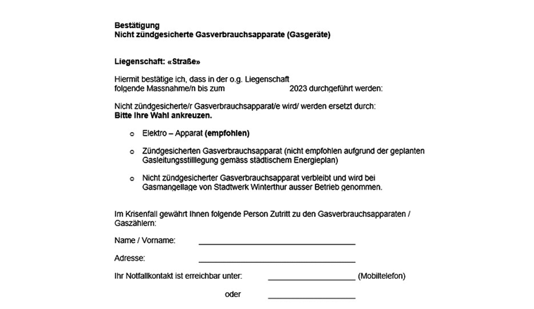 Fig. 3 Lettre de réponse pour le propriétaire, un élément des documents d'information envoyés par Stadtwerk Winterthur à tous les propriétaires de cuisinières non équipées de sécurité d'allumage.