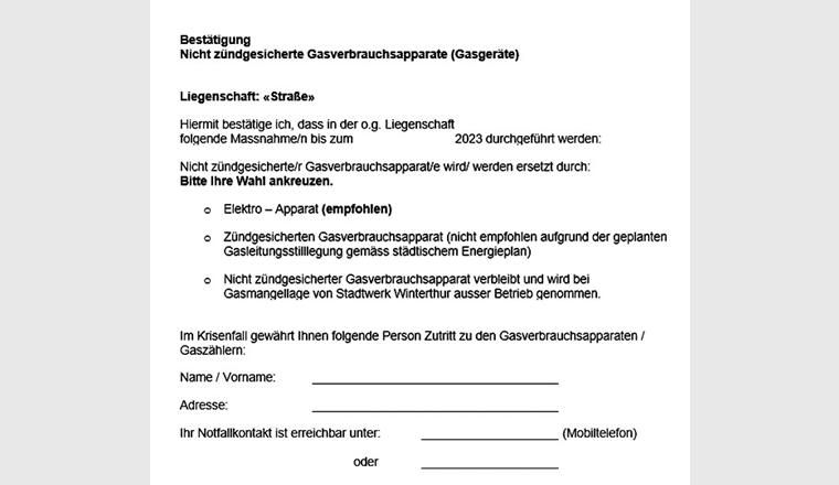 Fig. 3 Lettre de réponse pour le propriétaire, un élément des documents d'information envoyés par Stadtwerk Winterthur à tous les propriétaires de cuisinières non équipées de sécurité d'allumage.