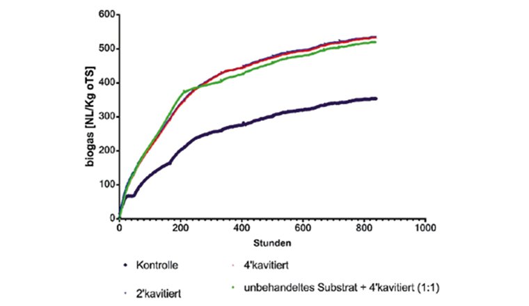 Fig. 2 Biogasproduktion der getesteten Substrate nach Kavitationsvorbehandlung: Kontrolle ohne kavitiertes Substrat (schwarz), Substrat nach zwei (blau) bzw. vier Minuten (rot) Kavitation und ein Gemisch von nicht kavitiertem mit kavitiertem Substrat (grün).