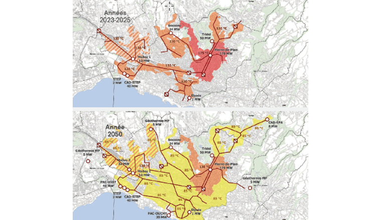 Fig. 3 Développement du CAD à Lausanne, y inclus les niveaux de température de distribution aux horizons
2025 et 2050.