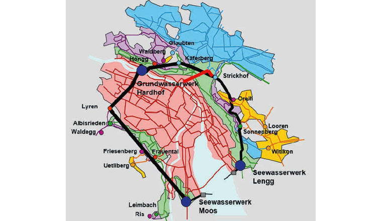 Fig. 1 Übersicht der Druckzonen und Hauptanlagen der WVZ. Die neue Hauptleitung, welche die Glatt- und die Limmatzone direkt miteinander verbindet, ist rot eingezeichnet.