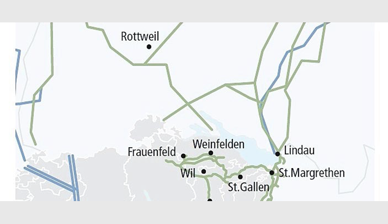 Bleu : développement prévu des réseaux d'hydrogène. Vert : réseau de gaz potentiellement convertible. (Image : ©IHK-Thurgau)