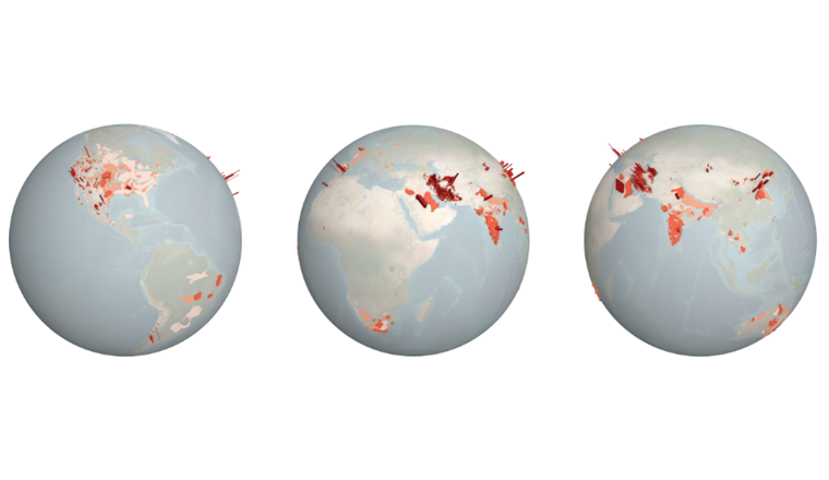 Le monde a un problème : sur tous les continents habités, les ressources en eau souterraine dont le niveau a baissé à des degrés divers sont marquées par des zones allant du rouge clair au rouge foncé. (Fig. : Scott Jasechko, UCSB)
