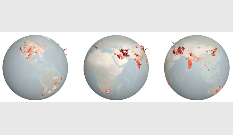 Le monde a un problème : sur tous les continents habités, les ressources en eau souterraine dont le niveau a baissé à des degrés divers sont marquées par des zones allant du rouge clair au rouge foncé. (Fig. : Scott Jasechko, UCSB)