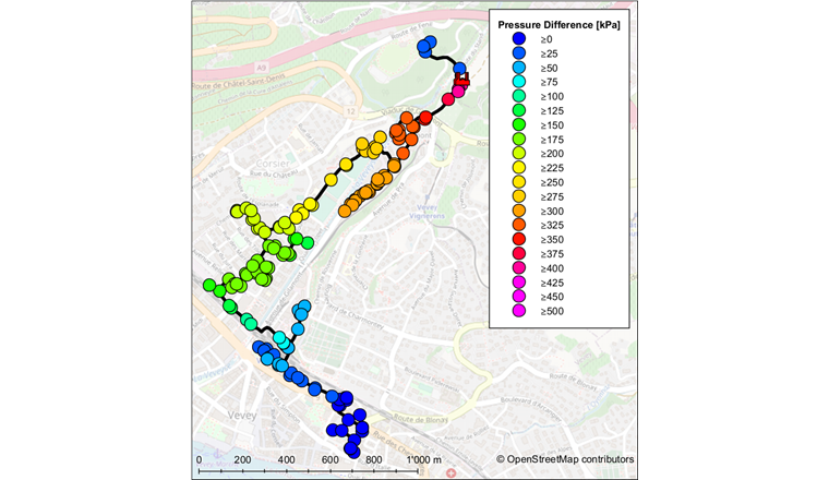 Fig. 3 Différence de pression dans le réseau (avant optimisation) – 09.02.2021.