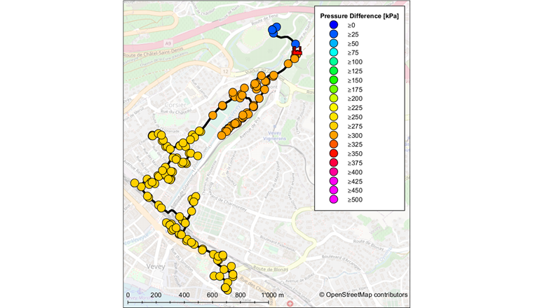 Fig. 4 Différence de pression dans le réseau (avant optimisation) – 01.07.2021.