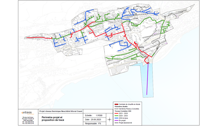 Fig. 4 Projet réseau thermique Neuchâtel littoral Ouest: Le périmètre du projet ainsi que les tracés proposés pour les conduites de chauffage à distance (y compris la période de réalisation prévue), la conduite du lac et la centrale de chauffage sont indiqués.