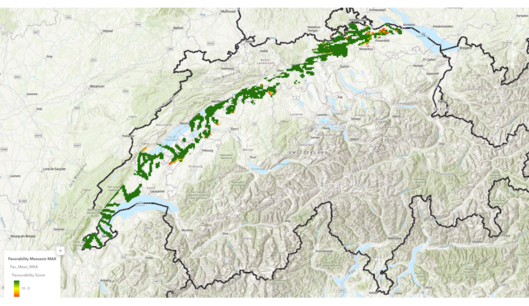 Fig. 5a Dans le cadre du projet HeatStore, une estimation a été faite des régions suisses dans lesquelles un stockage en aquifère pourrait éventuellement être réalisé. Dans les zones colorées, plusieurs conditions sont réunies pour un stockage en aquifère: conditions géologiques favorables, présence d’un réseau de chaleur et d’excédents de chaleur en été. Dans ce cas, le réservoir serait construit dans une couche rocheuse du Mésozonien (Graphique: HeatStore)