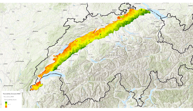 Fig. 5b Dans le cadre du projet HeatStore, une estimation a été faite des régions suisses dans lesquelles un stockage en aquifère pourrait éventuellement être réalisé. Dans les zones colorées, plusieurs conditions sont réunies pour un stockage en aquifère: conditions géologiques favorables, présence d’un réseau de chaleur et d’excédents de chaleur en été. Dans ce cas, le réservoir serait construit dans une couche rocheuse du Cénozoïque. (Graphique: HeatStore)