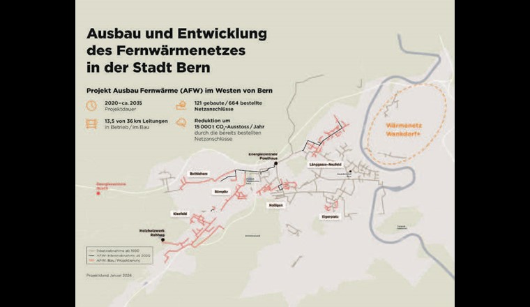 Bestehendes Hochtemperaturnetz und Wärmeverbünde (grau) sowie Ausbau und Entwicklung des Fernwärmenetzes im Norden und Westen der Stadt Bern (schwarz und rot). Die Arbeiten zum Ausbau des Fernwärmenetzes haben im Januar 2020 begonnen und dauern voraussichtlich bis 2035.