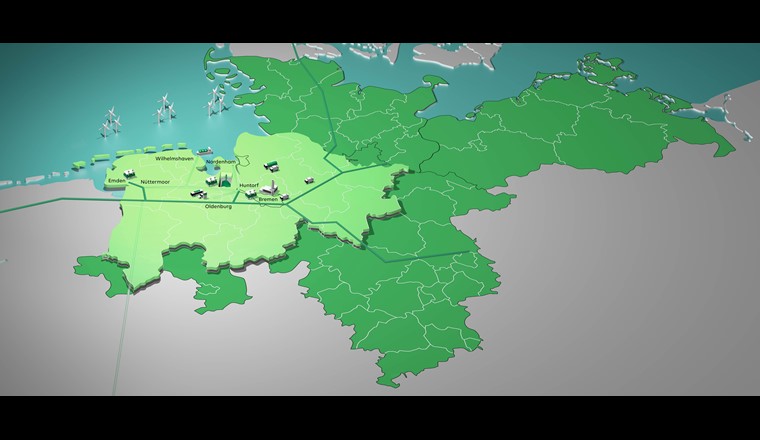 Baustein für eine europäische Wasserstoffwirtschaft: DAS EWE-Projekt Clean Hydrogen Coastline, das Erzeugung, Speicherung, Transport und Nutzung von grünem Wasserstoff verbindet. (© L. Niemann, M. Steggemann/EWE)