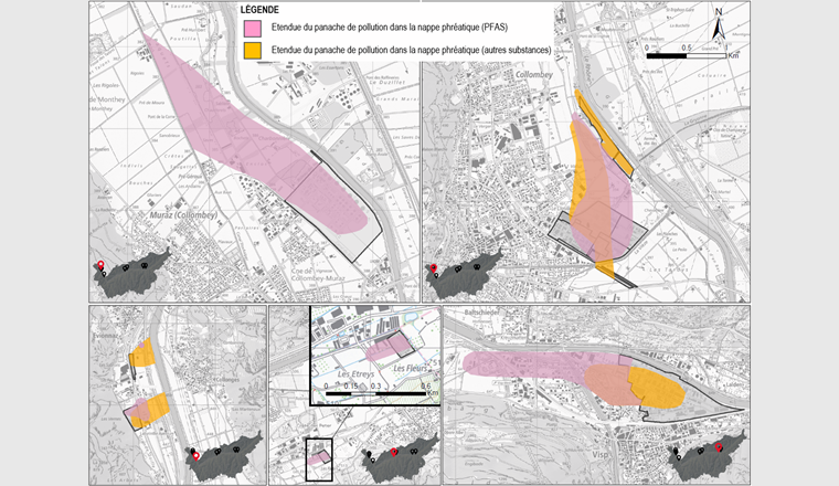 Im Jahr 2020 wurden fünf PFAS-Verschmutzungsfahnen im Grundwasser der Walliser Rhoneebene nachgewiesen. Die kontaminierten Standorte, die diese Grundwasserschäden verursacht haben, müssen saniert werden (von oben links nach unten rechts): Collombey-Muraz, Monthey, Evionnaz, Grône und Visp (© Dienststelle für Umwelt - Wallis).