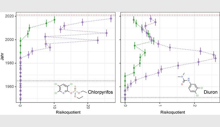 Fig. 5 Berechnete Risikoquotienten für Chlorpyrifos und Diuron im Sediment von Wohlensee (lila, ungefüllt) und Moossee (grün, gefüllt), basierend auf den vom Oekotoxzentrum vorgeschlagenen Umweltqualitätskriterien.