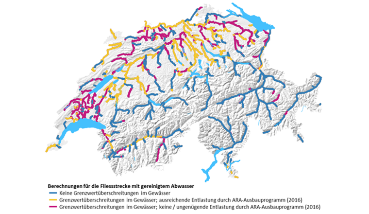 Figure 3: Linéaire hydrographique avec eaux usées épurées (source : Office fédéral de la topographie). L'analyse SIG sous-jacente s'appuie sur les calculs suivants : les eaux usées de toutes les STEP ont été attribuées aux linéaires des cours d'eau situés en aval. La proportion d’eaux usées a été calculée sur la base du nombre de personnes raccordées, d'un volume moyen d'eaux usées de 375 L / personne / jour et du débit minimal Q347 des linéaires des cours d'eau respectifs. Les linéaires dont la proportion d'eaux usées était >2% ont été pris en compte [10].