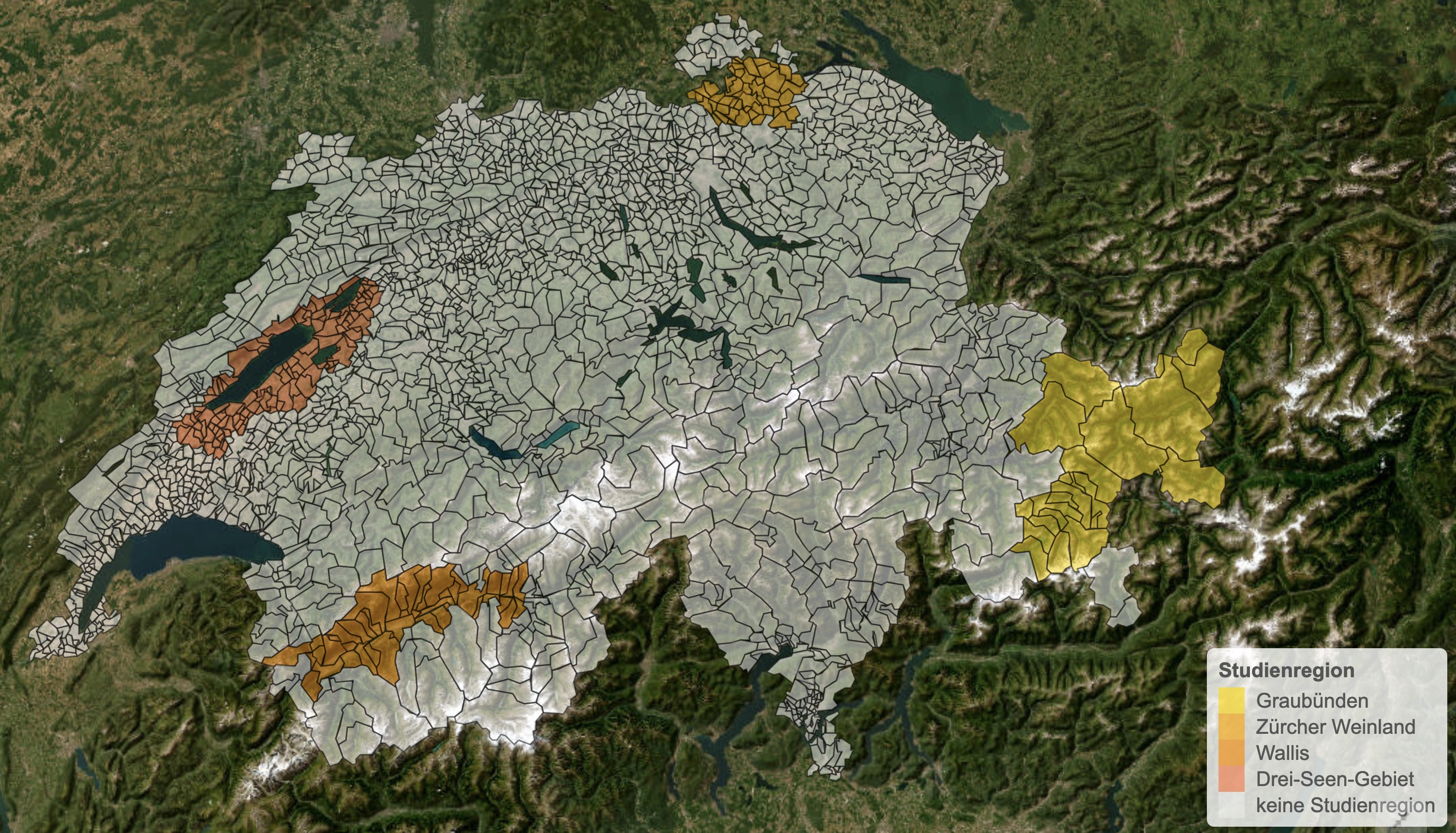 Die Studie beinhaltet vier Forschungsregionen. (Bild: pestizidmonitoring.ch)