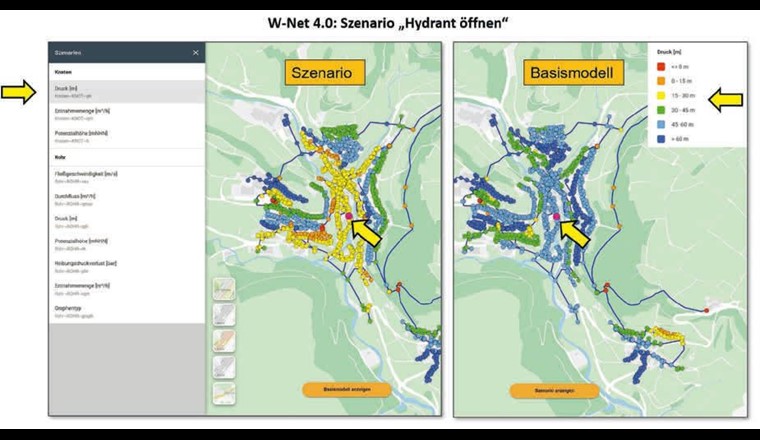Fig. 4 Simulation des Szenarios «Löschwasserentnahme» mit der W-Net-4.0-Plattform.