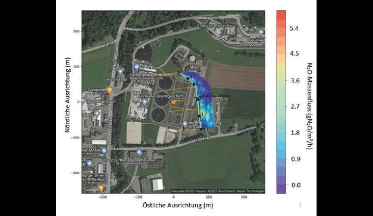 Fig. 4 - Gemessene Lachgasemissionen anhand der DFM-Methoden auf der ARA Hofen, dargestellt als Heatmap auf der Flugroute im Osten der ARA während Flug 6.