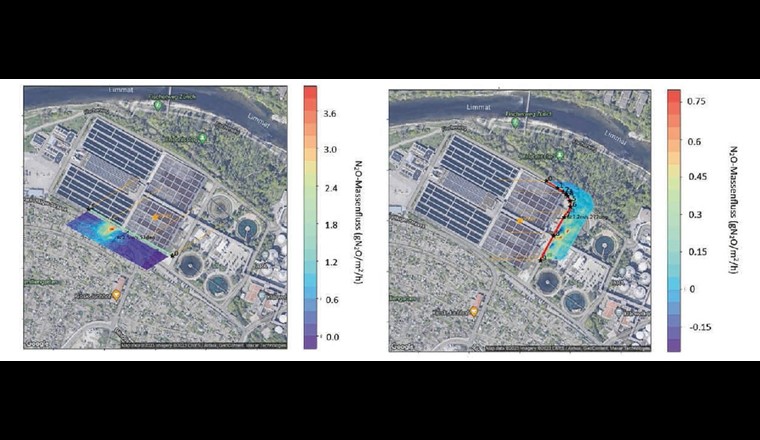 Fig. 5 - Gemessene Lachgasemissionen anhand der der DFM-Methode auf der ARA Werdhölzli, dargestellt als Heatmap während Flug 4 (oben) und 5 (unten). Aufgrund der unterschiedlichen Windrichtungen wurden unterschiedliche Routen geflogen.