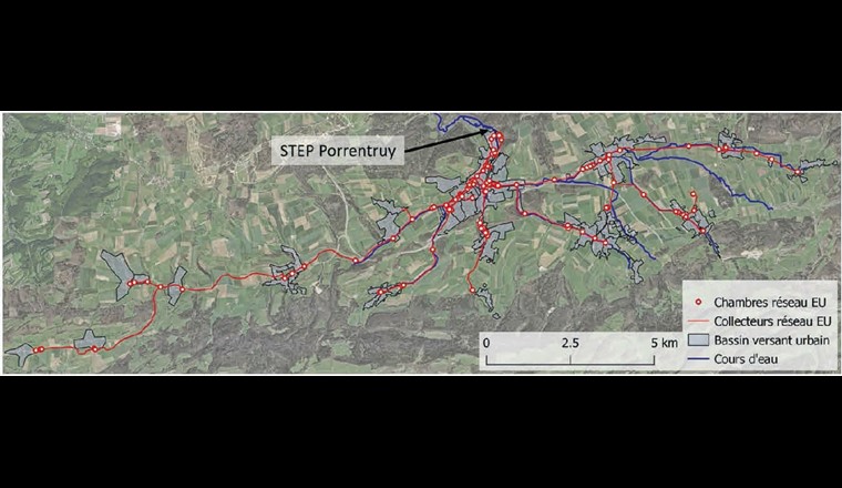 Fig. 1 - Bassin versant de la STEP de Porrentruy et conduites modélisées par le jumeau numérique.