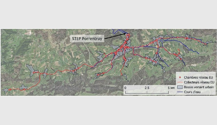 Fig. 1 - Bassin versant de la STEP de Porrentruy et conduites modélisées par le jumeau numérique.