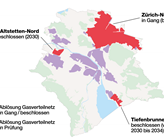 Übersichtskarte zur Ablösung des Gasverteilnetz. Die rot gekennzeichneten Gebiete sind bereits in Gang resp. beschlossen. (© Stadt Zürich)