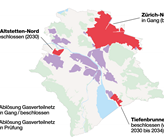 Übersichtskarte zur Ablösung des Gasverteilnetz. Die rot gekennzeichneten Gebiete sind bereits in Gang resp. beschlossen. (© Stadt Zürich) Übersichtskarte zur Ablösung des Gasverteilnetz. Die rot gekennzeichneten Gebiete sind bereits in Gang resp. beschlossen. (© Stadt Zürich)