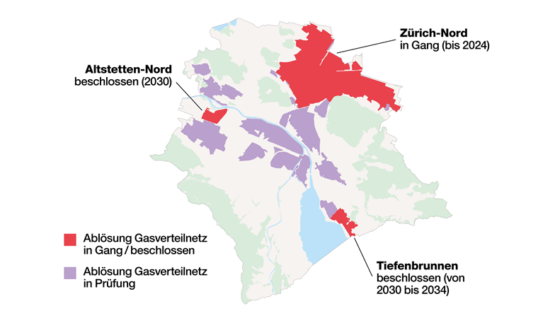 Übersichtskarte zur Ablösung des Gasverteilnetz. Die rot gekennzeichneten Gebiete sind bereits in Gang resp. beschlossen. (© Stadt Zürich)