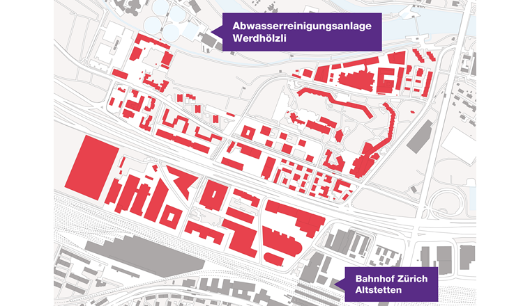 Im rot gekennzeichneten Gebiet zwischen dem Bahnhof Altstetten und der ARA Werdhölzli ersetzt der Energieverbund Altstetten und Höngg das Gasverteilnetz. (© Stadt Zürich)