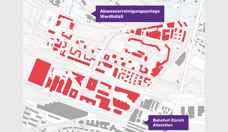 Im rot gekennzeichneten Gebiet zwischen dem Bahnhof Altstetten und der ARA Werdhölzli ersetzt der Energieverbund Altstetten und Höngg das Gasverteilnetz. (© Stadt Zürich)