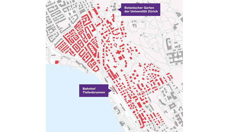 Im rot gekennzeichneten Gebiet entlang des Zürichsees ersetzt der Energieverbund Tiefenbrunnen das Gasverteilnetz. (© Stadt Zürich)