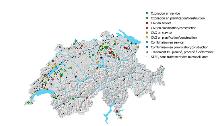 Figure 1: Carte synoptique de l'extension des STEP avec un traitement MP selon les critères actuellement en vigueur de l'OEaux.